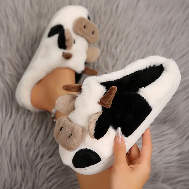 Cute Cow Slippers for Women Cartoon Cotton Cozy Fuzzy Plush Animal Winter Warm Indoor Outdoor Slippers