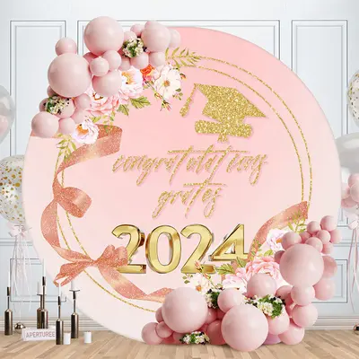 Aperturee Pink Floral Ribbon Circle 2024 Grad Backdrop | Diy Grad Backdrop | Personalized Grad Backdrops | Diy Grad Photo Bac...