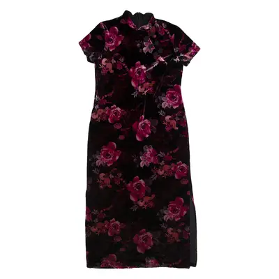 SOCIAL CIRCLES Womens Bodycon Dress Black Velvet Floral Short Sleeve Long L