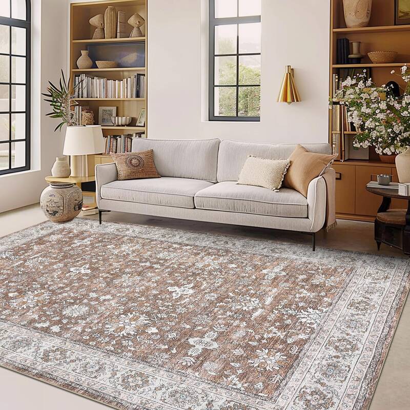 Garvee Washable Area Rugs Non-Slip Vintage Distress for Living Room Bedroom Nursery Office, Large Neutral Oriental Thin Carpe...