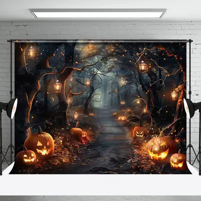 Thrilling Path Pumpkins Forest Halloween Backdrop - Aperturee
