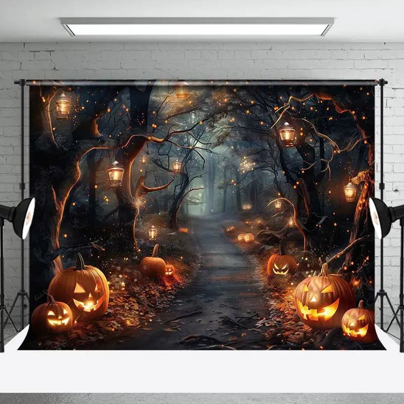 Thrilling Path Pumpkins Forest Halloween Backdrop - Aperturee