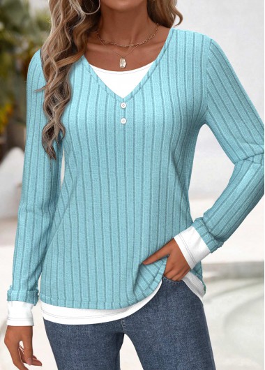 Modlily Light Blue Patchwork Long Sleeve Round Neck Blouse - L