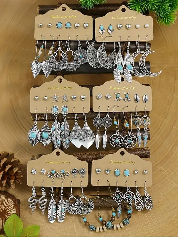 Summer 2024 Boho Hollow Out Feather Turquoise Textured Shell Design Dangle Earrings, Heart Rhinestones Faux Pearl Stud Earrin...