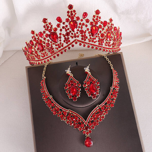 Teardrop Alloy Rhinestone Pendant Necklaces & Stud Dangle Earrings & Crown Hair Band Sets