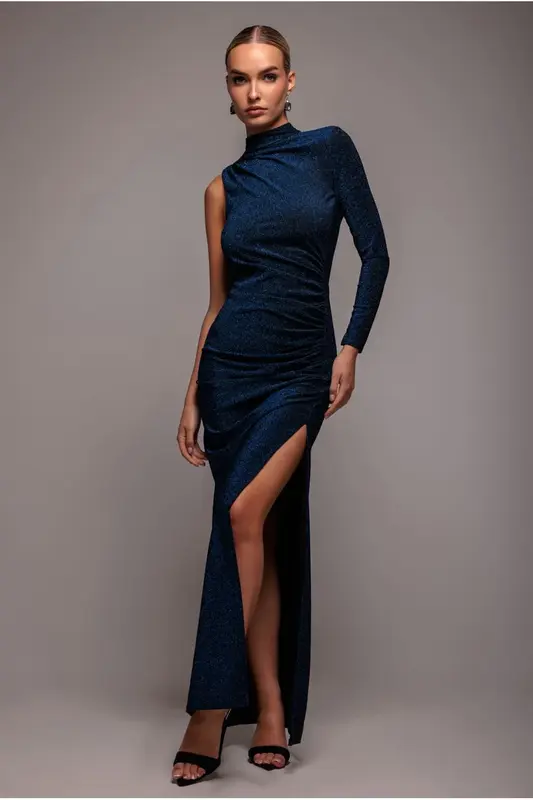 Goddiva Open Lurex Back One Sleeve Maxi Dress - Royal Blue