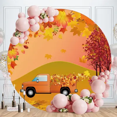 Aperturee Circle Autumn Leaves And Truck Round Birthday Backdrop
