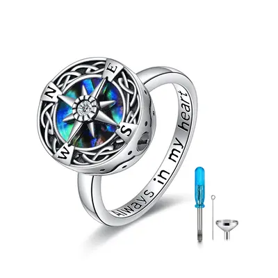 Sterling Silver Round Shaped Abalone Shellfish Celtic Knot & Compass Urn Ring with Engraved Word