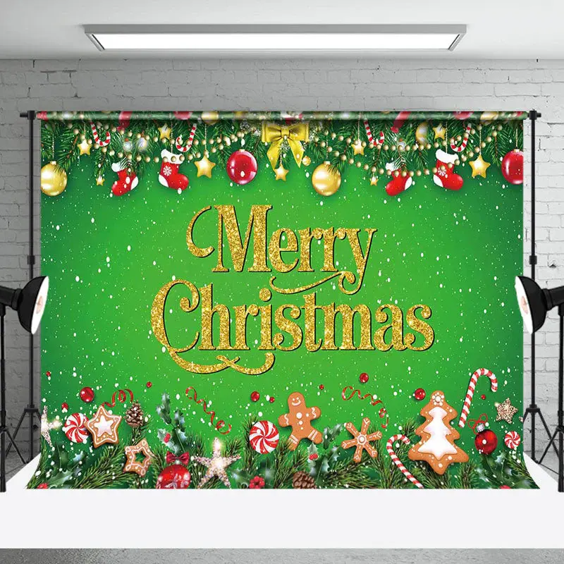 Aperturee Bell Snow Leaves Green Gold Merry Christmas Backdrop - Aperturee