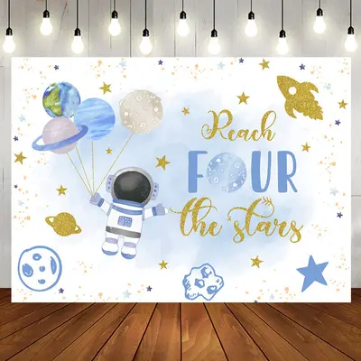 Blue Astronaut Stars Planet 4th Birthday Backdrop - Aperturee