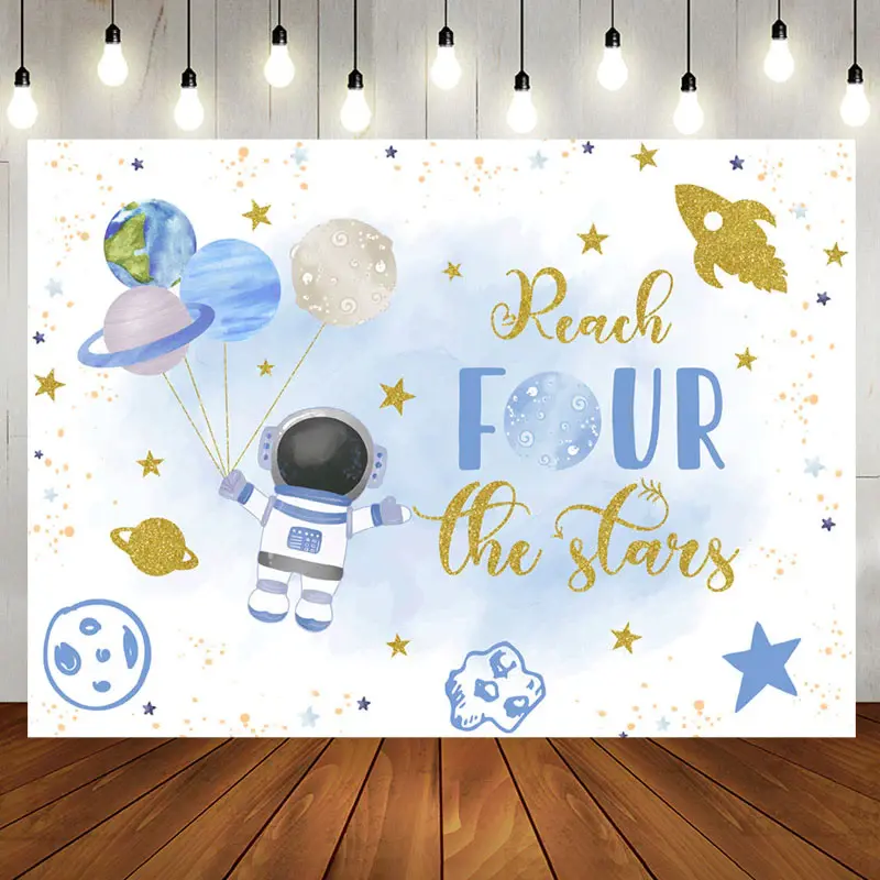 Blue Astronaut Stars Planet 4th Birthday Backdrop - Aperturee