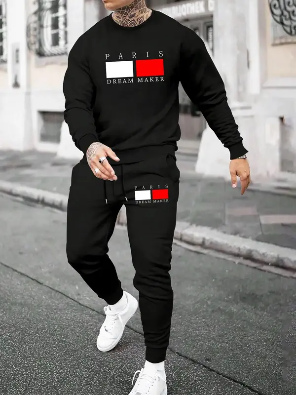 2 Piece Set Men's Geometric & Letter Print Co-ord Set, Fall Outfits, Casual Long Sleeve Sweatshirt & Drawstring Waist Sweatpa...