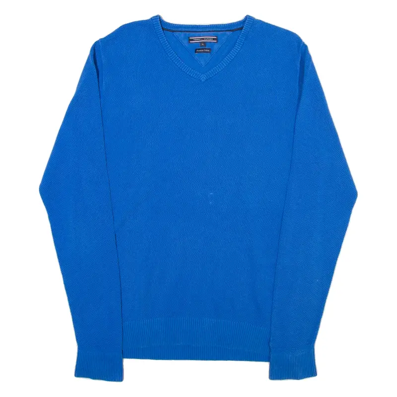 TOMMY HILFIGER Mens Jumper Blue V-Neck Waffle Knit XL