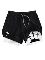 Men's Cross Print Pocket Gym Shorts, Regular Fit Breathable Quick Drying Shorts for Gym Workout Running, Casual Men's Sportsw...