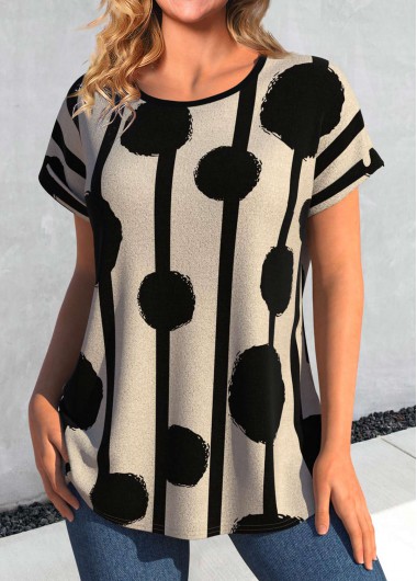 Modlily Dark Camel Geometric Print Short Sleeve T Shirt - L