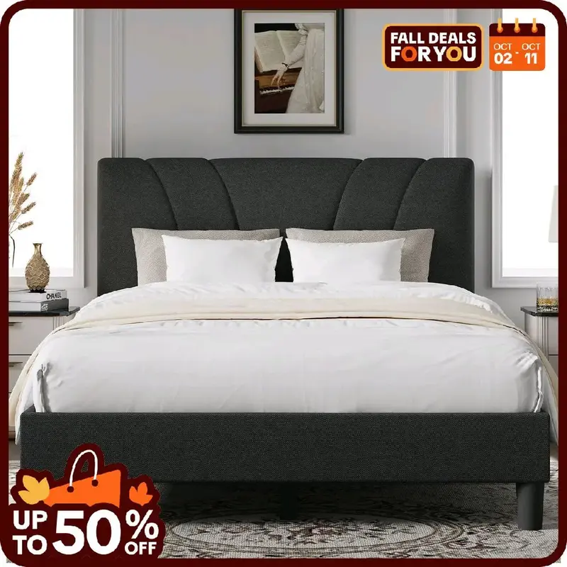 Bed Frame Upholstered Platform Full/Queen/King Bed Frame with Adjustable Headboard, Strong Weight Capacity, No Box Spring Nee...