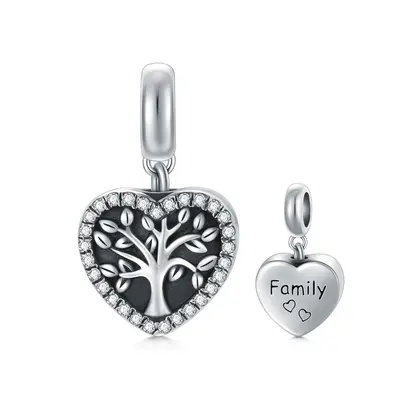 Sterling Silver Circular Shaped Cubic Zirconia Tree Of Life & Heart Dangle Charm with Engraved Word
