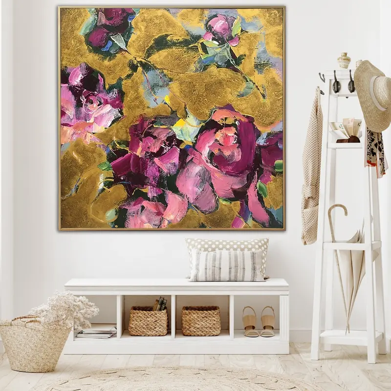 Large Flowers Paintings On Canvas Colorful Abstract Floral Art In Pink And Gold Colors Textured Handmade Painting Modern Art ...