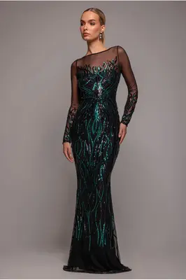 Goddiva Long Sleeve Sequin Flame Maxi - Emerald Green