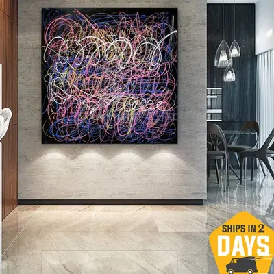 Abstract Colorful Lines Wall Art Jackson Pollock Style Curved Threads for Home Decor | COLORFUL APPARITION 46"x46"