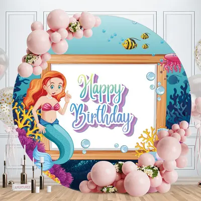 Aperturee Mermaid Sea World Round Happy Birthday Backdrop