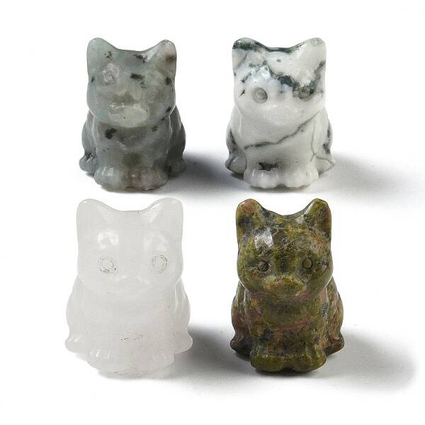 Natural Mixed Gemstone Carved Cat Figurines
