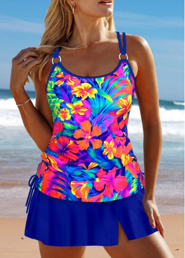 Modlily Criss Cross Floral Print Royal Blue Tankini Set - S