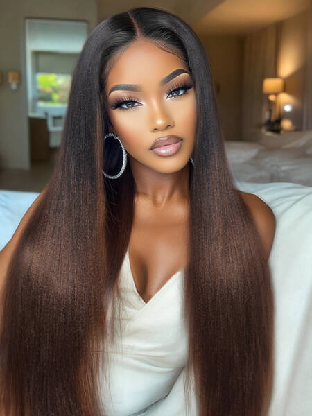 Glueless EasiContour™ V Part With Invisi Drawstring Black to Chestnut Brown Ombre Yaki Wig