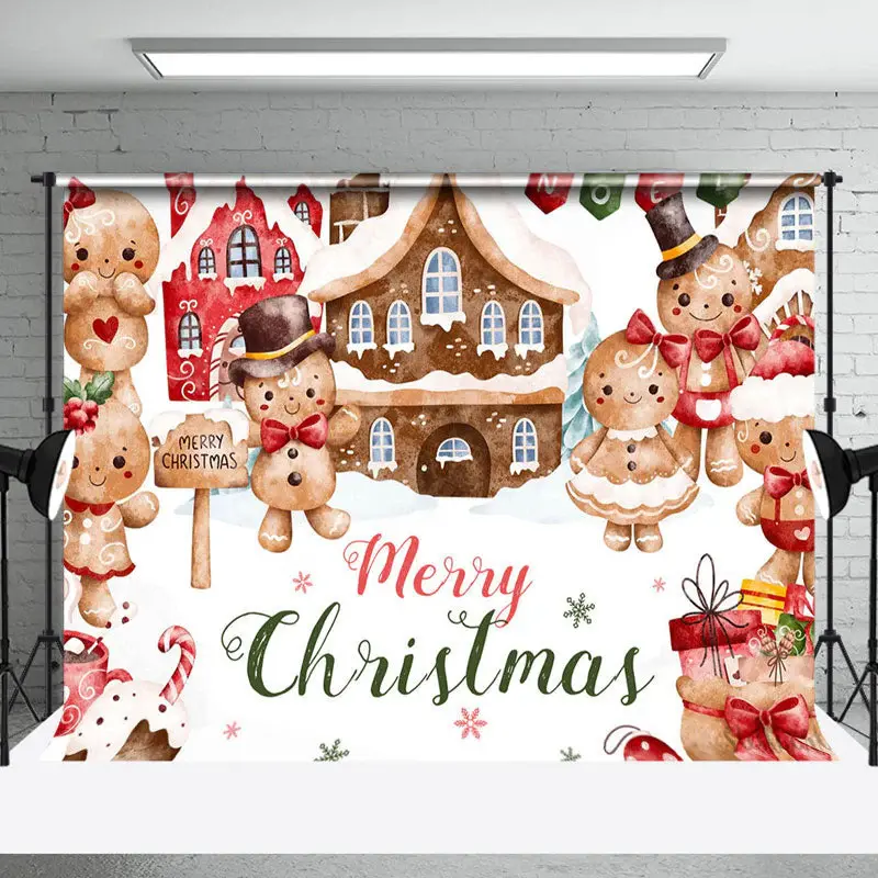 Snowy Gingerbread Men House Merry Christmas Backdrop - Aperturee