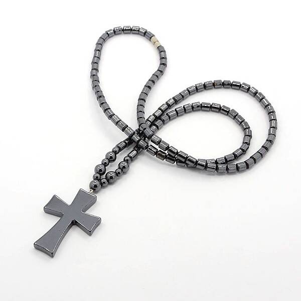 Trendy Unisex Holly Jewelry Grade A Non-Magnetic Synthetic Hematite Beaded Cross Pendant Necklaces