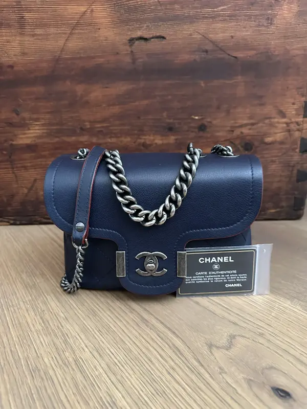 Pre-owned CHANEL Calfskin Leather Shoulder Bags Blue Calfskin Archi Chic Small Crossbody Flap Bag