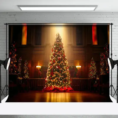 Dark Room Xmas Trees Light Christmas Photo Backdrop