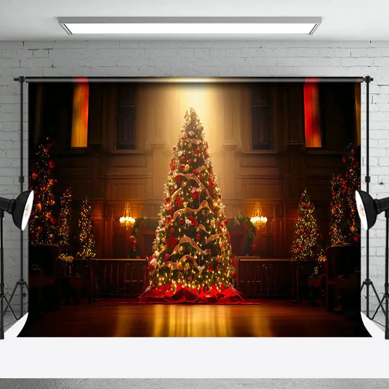 Dark Room Xmas Trees Light Christmas Photo Backdrop