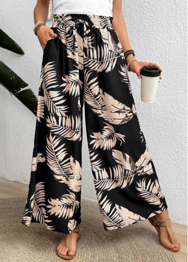 Modlily Black Pocket Leaf Print Wide Leg Elastic Waist Pants - M