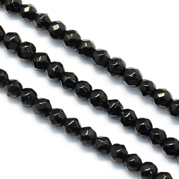 Faceted Round Natural Black Onyx Beads Strands
