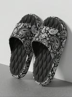 Men's Ethnic Pattern Slippers, Casual Comfortable Black Home Slippers, Soft Non-slip Slippers for Indoor & Outdoor Wear, Shoe...