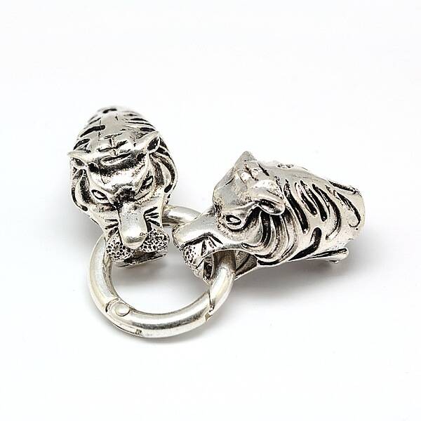 Tibetan Style Alloy Animal Tiger Head Spring Gate Rings