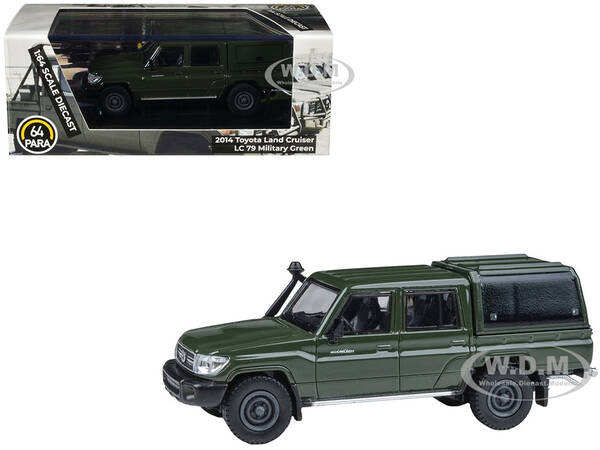 2014 Toyota Land Cruiser LC 79 with Camper Shell Military Green 1/64 Diecast Model Car by Paragon Models