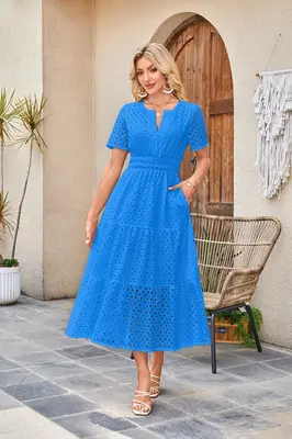 Womens 2025 Summer Maxi Dress Short Sleeve V Neck Hollow Out Eyelet A Line Long Flowy Beach Vacation Dresses