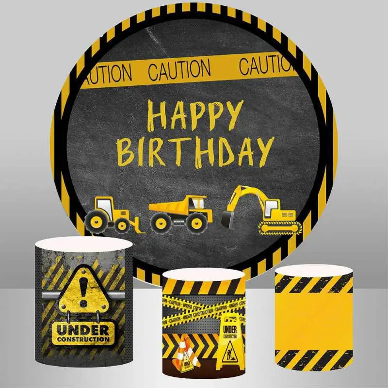 Aperturee Black And Yellow Round Truck Happy Birthday Backdrop | Circle Party Backdrop | Round Backdrop Stand Covers | Round ...
