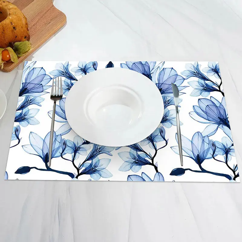 White Blue Ink Floral Vintage Set Of 4 Placemats - Aperturee