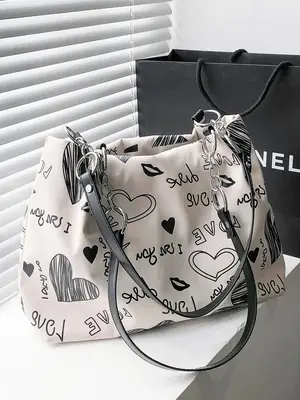 Women's Fashionable Cartoon Heart Pattern Tote Bag, Casual Large Capacity Shoulder Bag for Daily Used, Trendy All-match Bag f...