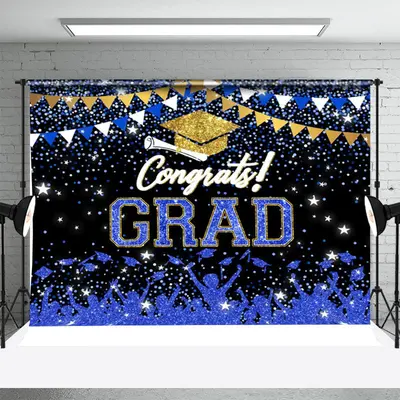 Blue Sparkling Star Gold Hat Graduation Backdrop - Aperturee