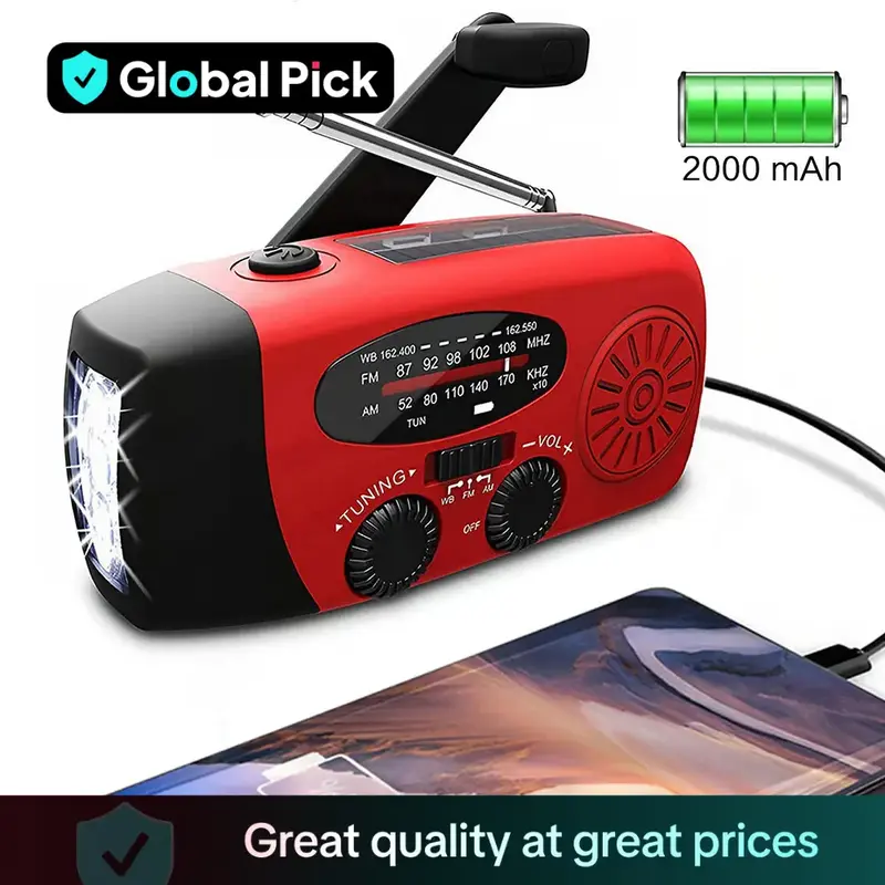 2000mAh Radio Hand Crank, Solar Powered/USB Rechargeable FM AM WB NOAA Weather Radio, Emergency LED Flashlight Power Bank for...