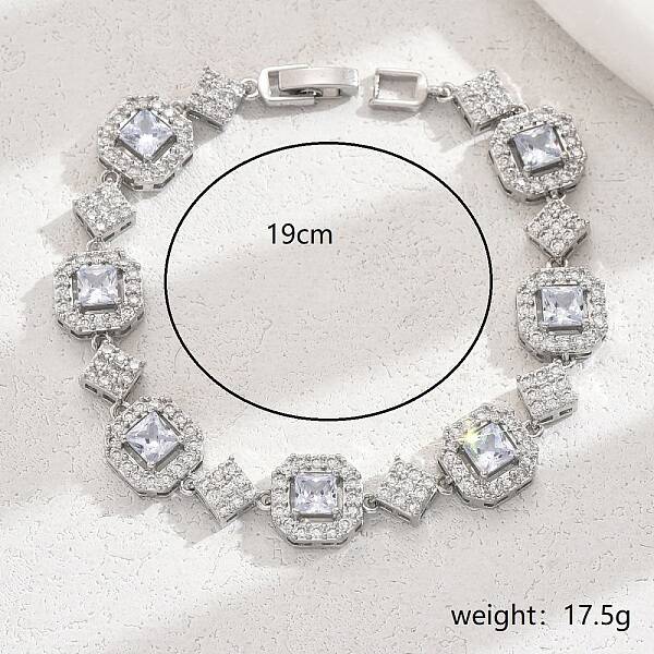Brass Pave Clear Cubic Zirconia Octagon Link Bracelets for Women