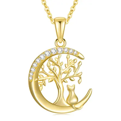 14K Gold Cubic Zirconia Cat & Tree Of Life & Moon Pendant Necklace