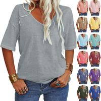 PiePieBuy Women's Soft Solid Color Vneck Tshirt Cotton Half Sleeve Half Sleeve Casual Loose Fold Basic Fall Clothes Top Summe...
