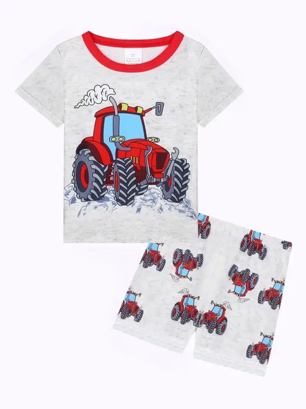 Boys' Cartoon Tractor Print Tee & Shorts Loungewear, Casual Comfy Round Neck Short Sleeve T-shirt & Shorts Pj Set, Kids Sleep...
