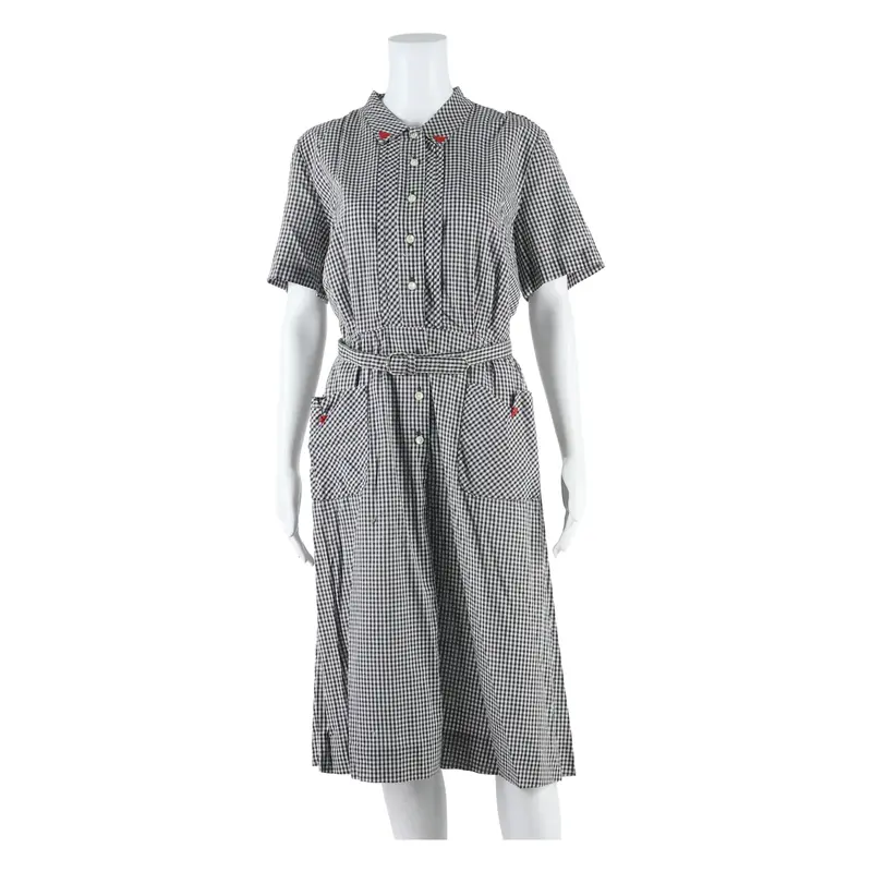 Belted Womens Day Dress Black Gingham Short Sleeve Knee Length S