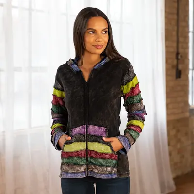 Rows of Flowers Block Print Zip Hoodie | Handmade, Fair Trade - Black - 2X